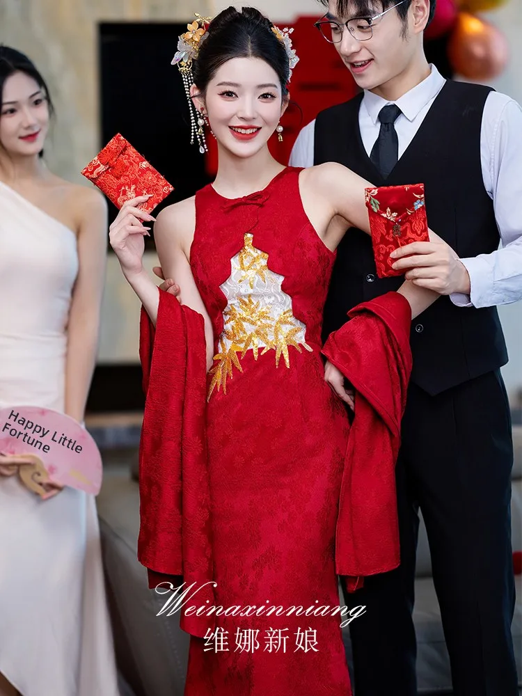 

Red Wine Color Fi Tail Wedding Dr with awl for Engagement Return Trip Morning Robe Long Evening Gown Vintage Sle