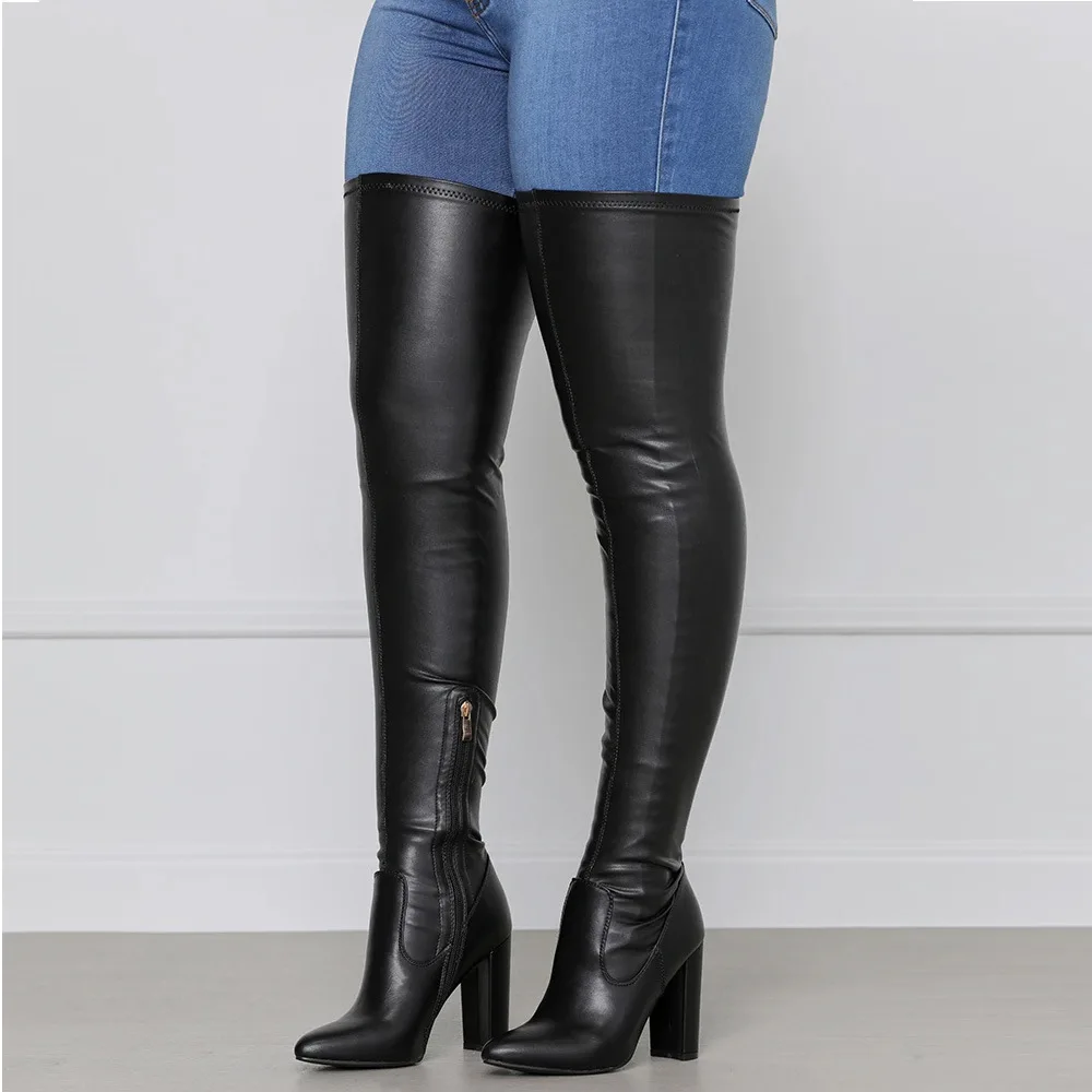 

Black Matte Leather Thick Heels Waterproof Comfortable Over The Knee Boots