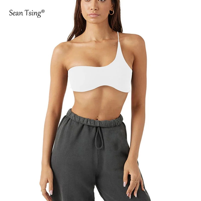 Sean Tsing® Sport Corset Crop Vests Women One-Shoulder Wrapped Chest Stretchy Camisoles Yoga Running Exercise Workout Tank Tops