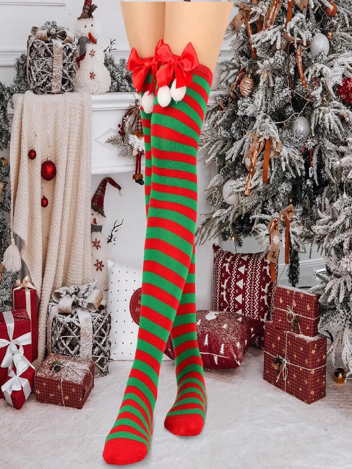 

1 Pair Women & Teens Christmas Long Thigh-High Socks with Bowknot & Stripes - Fun Holiday Accessory