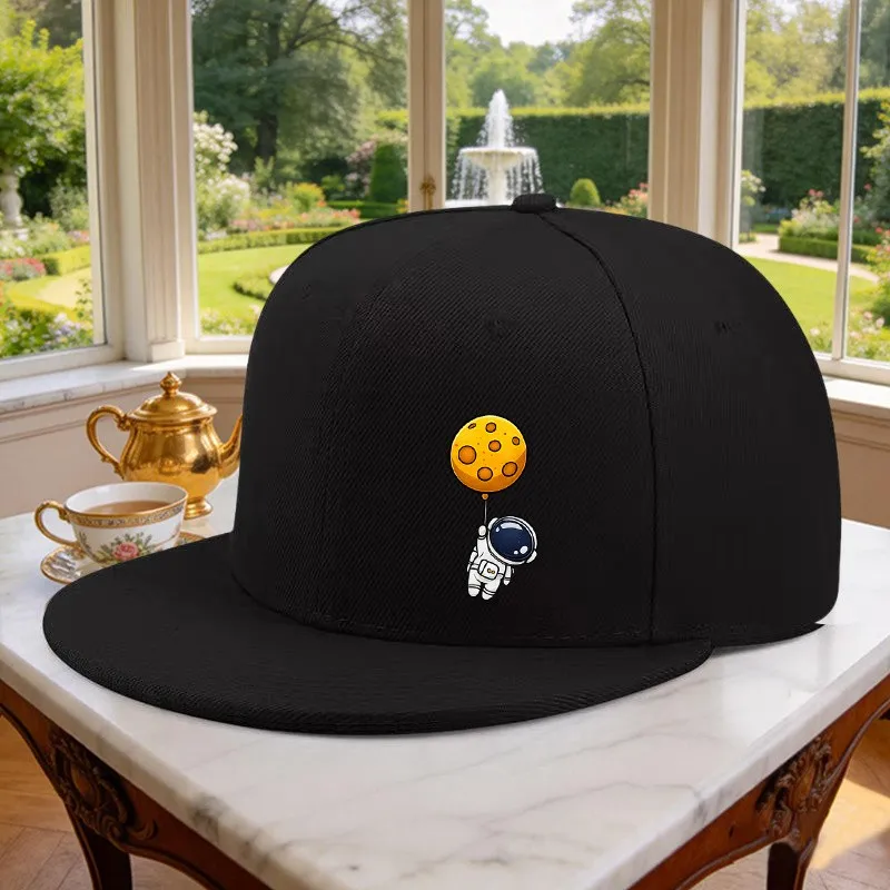 Astronaut Moon Print Snapback Cap Unisex Adjustable Flat Brim Outdoor Sports Hat for Travel Camping Hiking