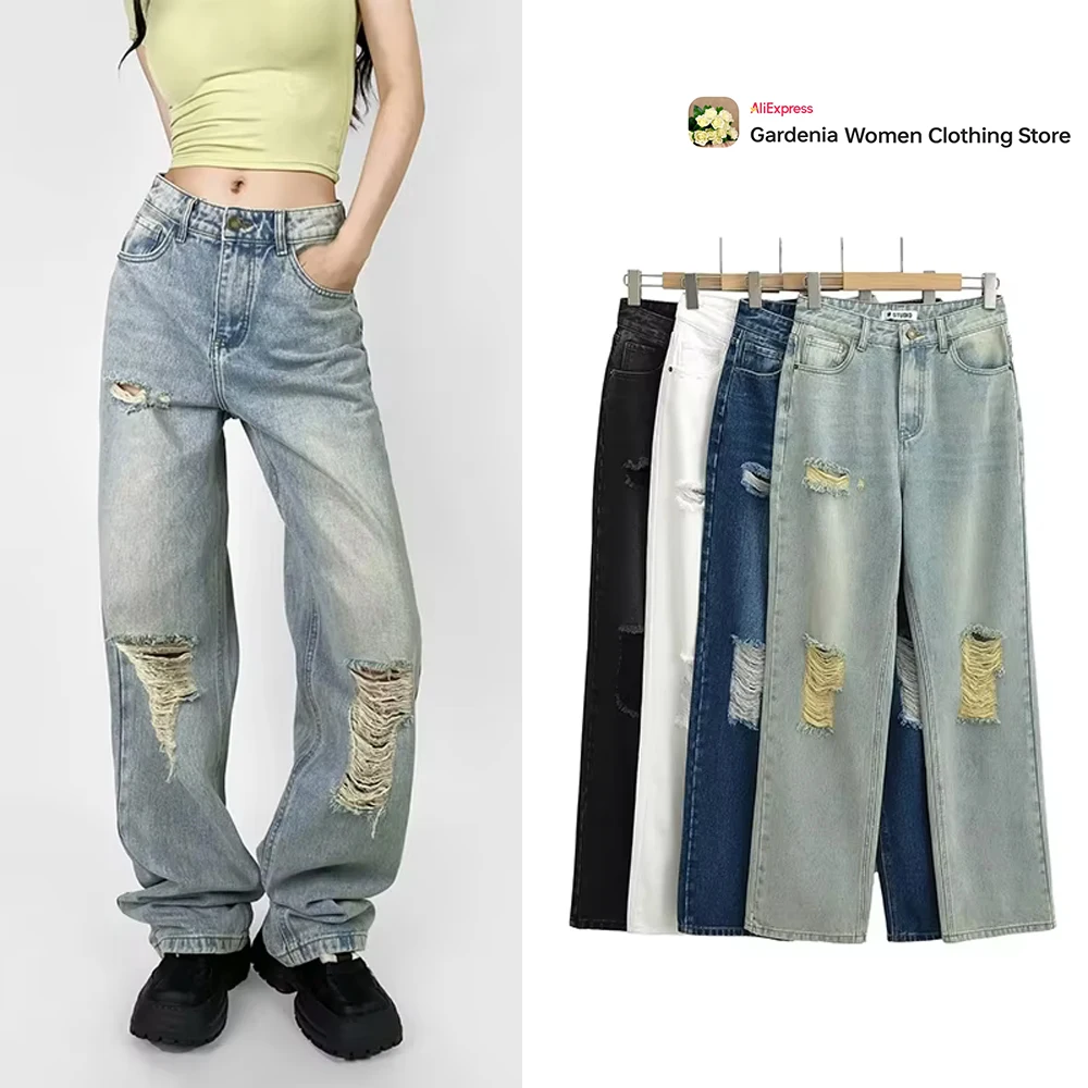 Women Fashion 4 Colors Jeans Loose Straight Jeans High Waist Full Length Classic Grunge Ripped Bagginess Denim Pants High Street