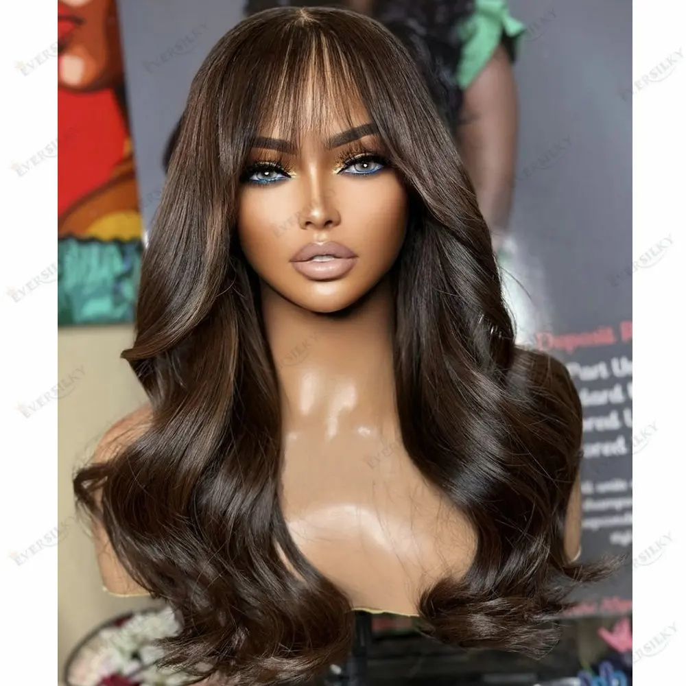 Chocolate Brown 360 Lace Wig Human Hair for Black Women With Bangs Long Natural Wave Glueless 13*6 Lace Front Wig Human Hair