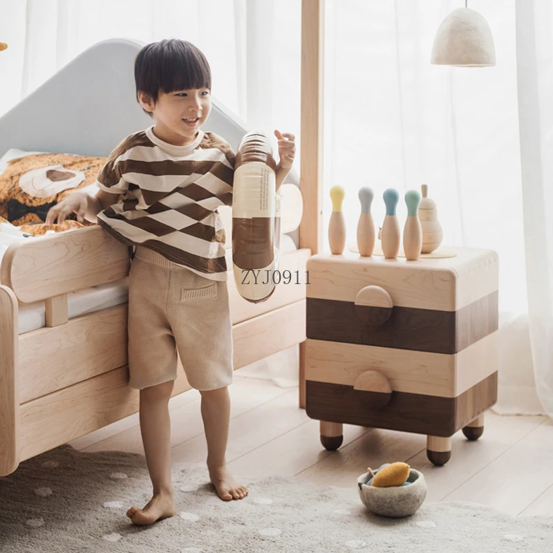 Bedside table, round solid wood simple hard maple black walnut children's bedside table storage