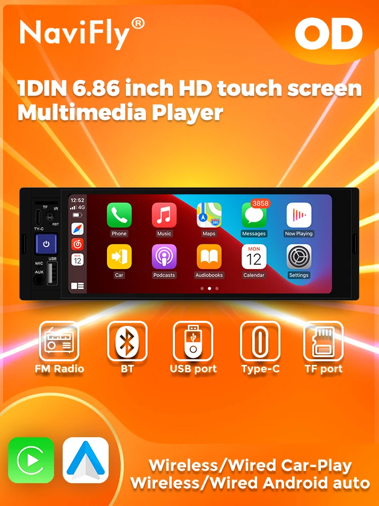 Navifly 1 DIN 6.86 pouces universel HD écran tactile MP5 lecteur vidéo multimédia Carplay Android Auto BT SD/TF FM Radio USB type-c