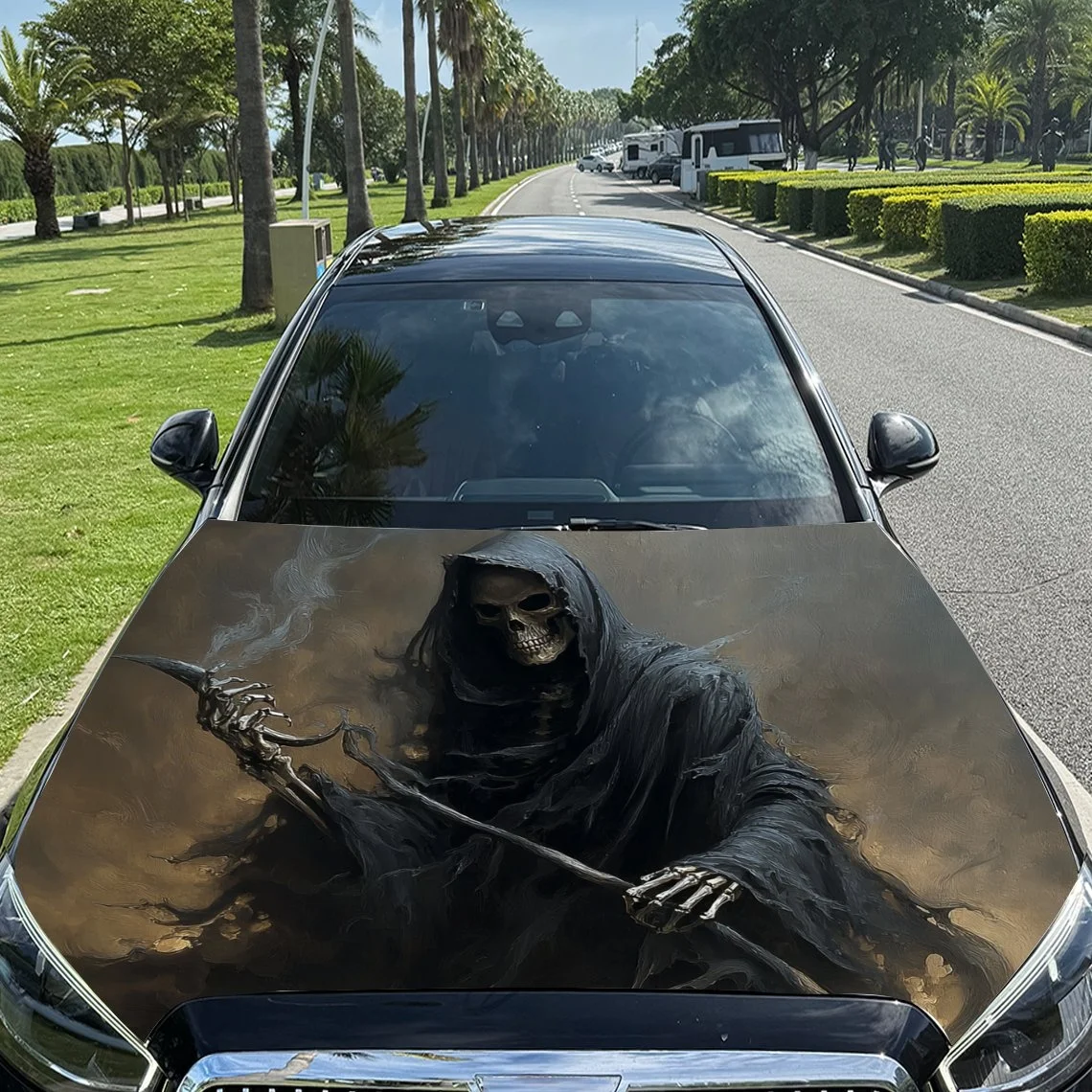 

Grim Reaper design on car hood, featuring a skeletal figure in a dark cloak holding a scythe. Perfect for Halloween or themes.