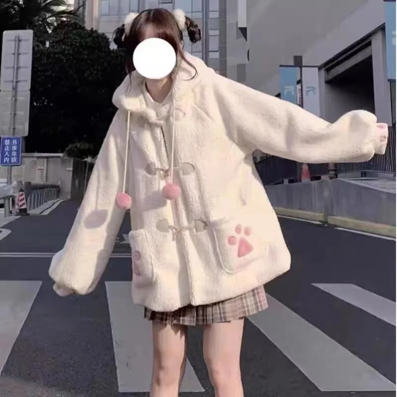 Harajuku Kawaii Lambswool Lolita Jackets Thicked Warm Loose Coat Women Y2k E-Girl Long Sleeve All-match Abrigo Mujer Winter New