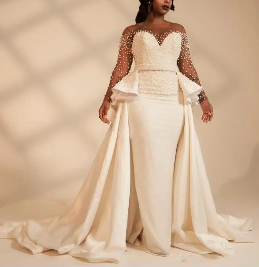 Ilusão romântica personalizada vestidos de casamento de mangas compridas com trem destacável pérolas completas plus size vestidos de noiva