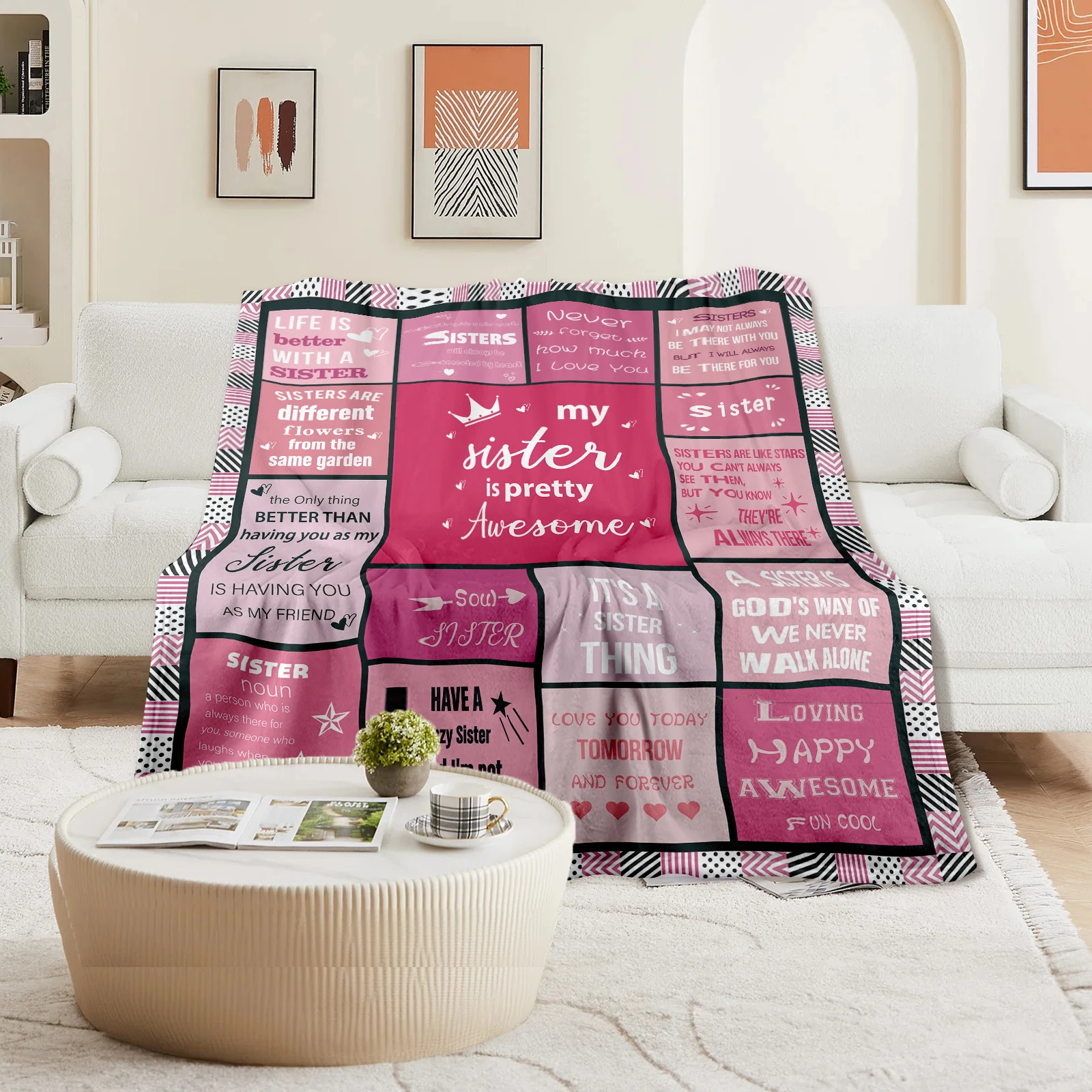 

Encouraging Flannel Blanket With Pink Checks And Heartfelt Text To Strengthen Bonds Between Sisters