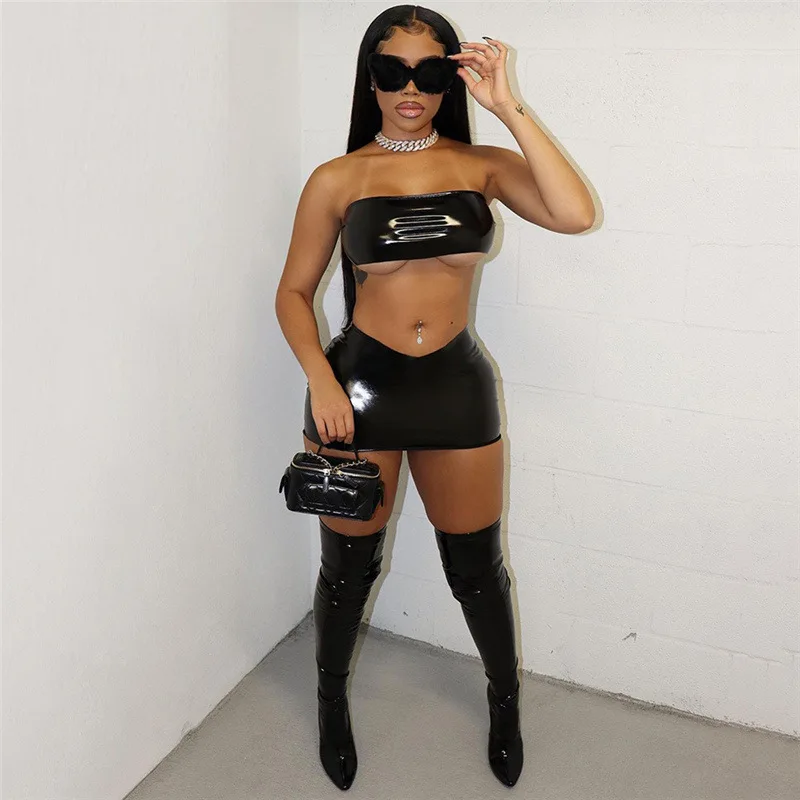 Sexy Leather Two Piece Dress Women Strapless Crop Top Wrap New In Dress Low Waist Street Outfit 2023 Female 2 Piece Skirt Set