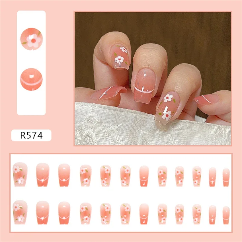 Unhas postiças curtas francesas, Unhas postiças removíveis, Prensa adesiva na arte do prego, Rosa colorido, Gelo, Transparente, Vestindo, 24pcs, Conjunto