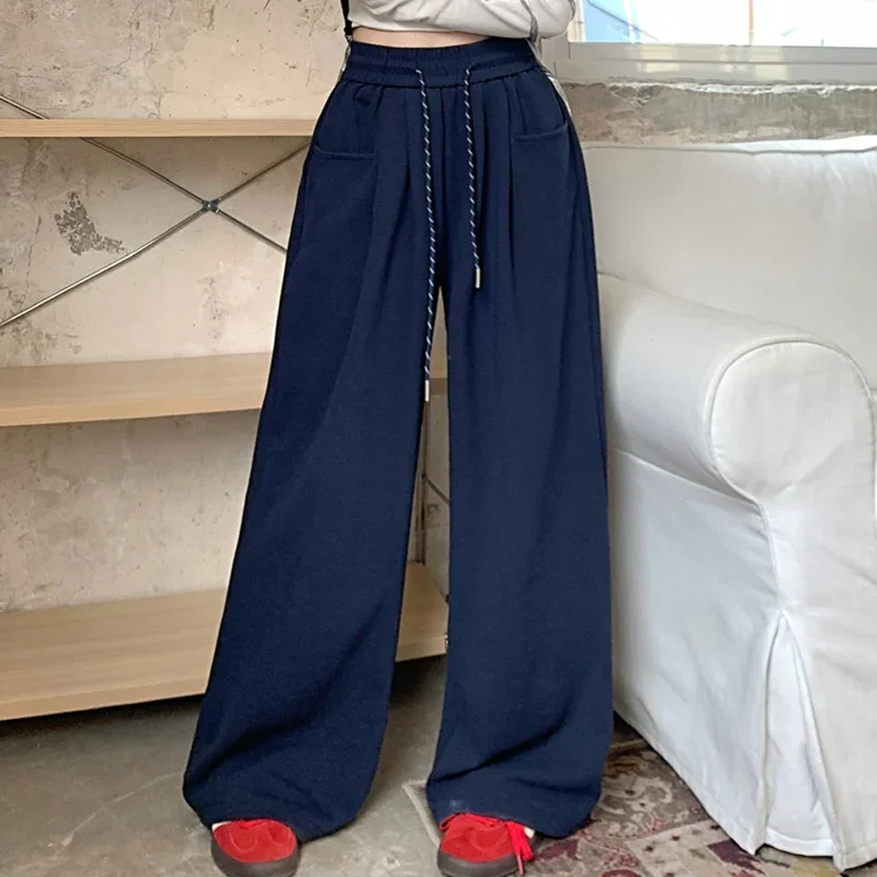 Autumn Women Streetwear High Waisted Outside Casual Long Pants Lady Fashion Navy Blue Gray Drawstring Wide Leg Baggy Trousers