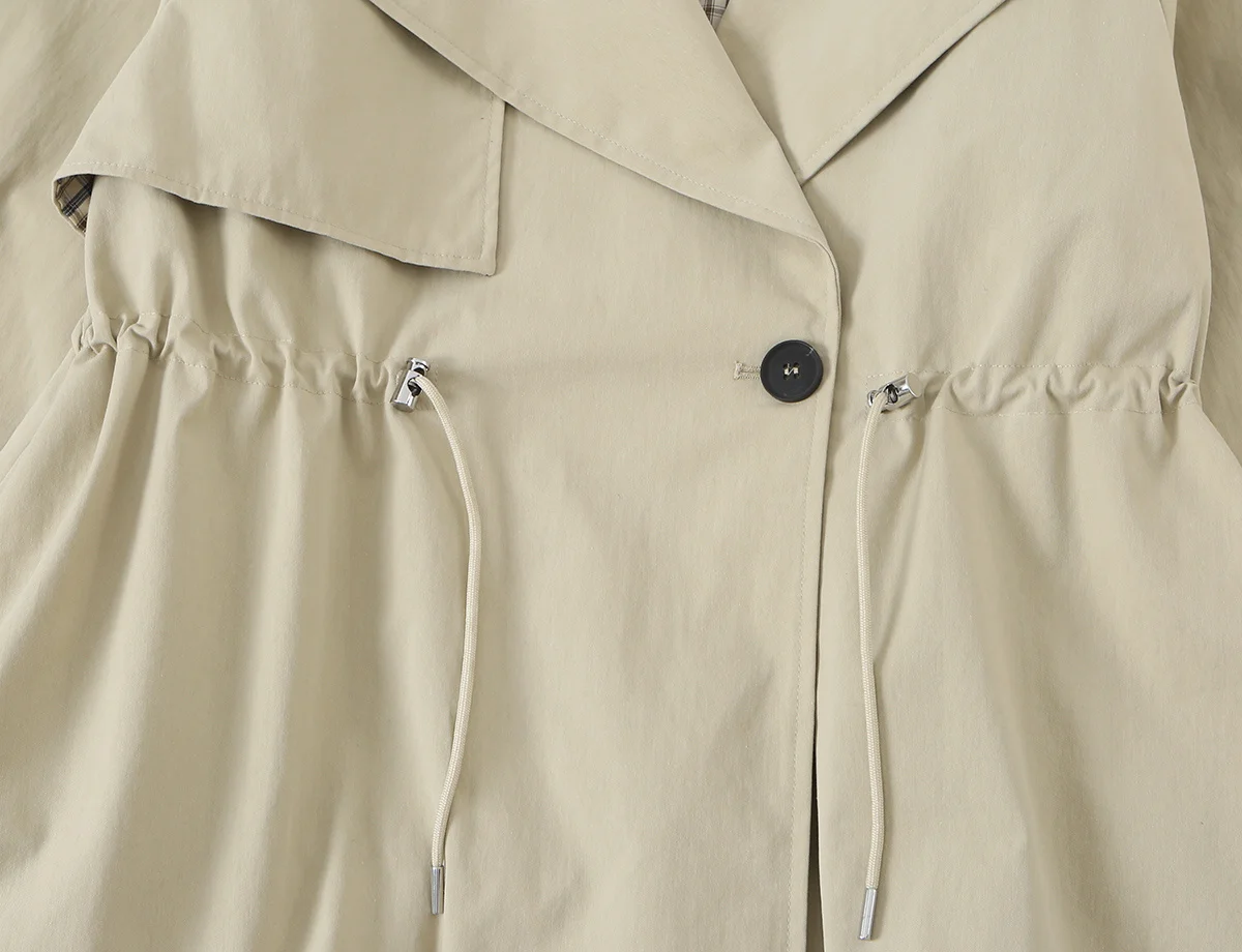Damen-Trenchcoat mit Reverskragen, schick, verstellbarer Doppelzugband-Taille, Ein-Knopf-Verschluss, einfarbig, modisch, lässig – Detail 6