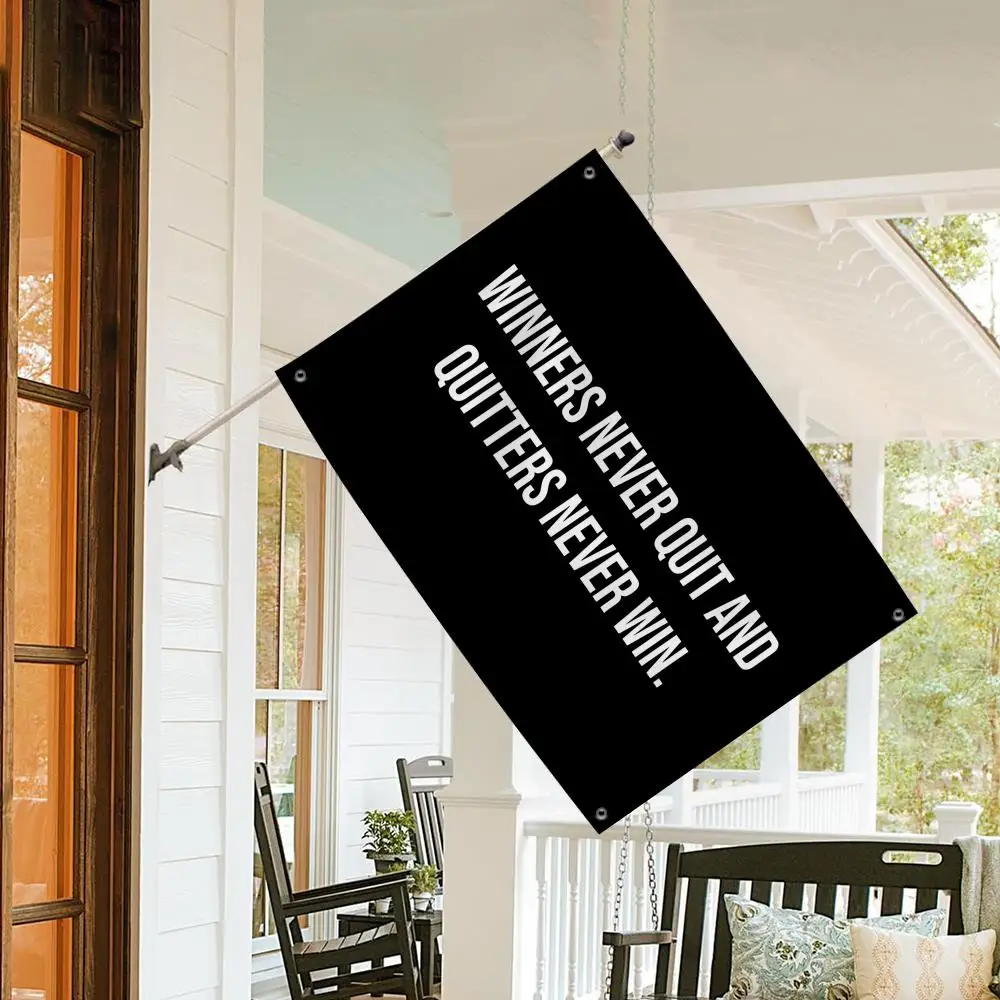 WINNERS NEVER QUIT Funny Meme Flags 3x5 Ft Custom Banner For Garage Door Room Decor Wall Out Decoration With Metal Buckle