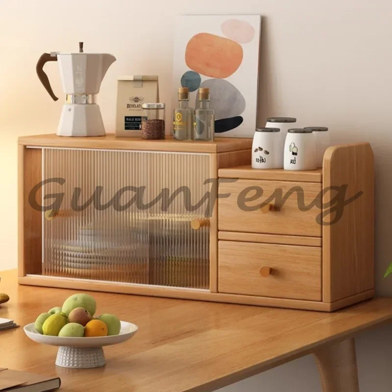 Wooden Household Buffet Sideboard Coffee Tea Table Storage Cabinet with Cup Holder for Kitchen Dining