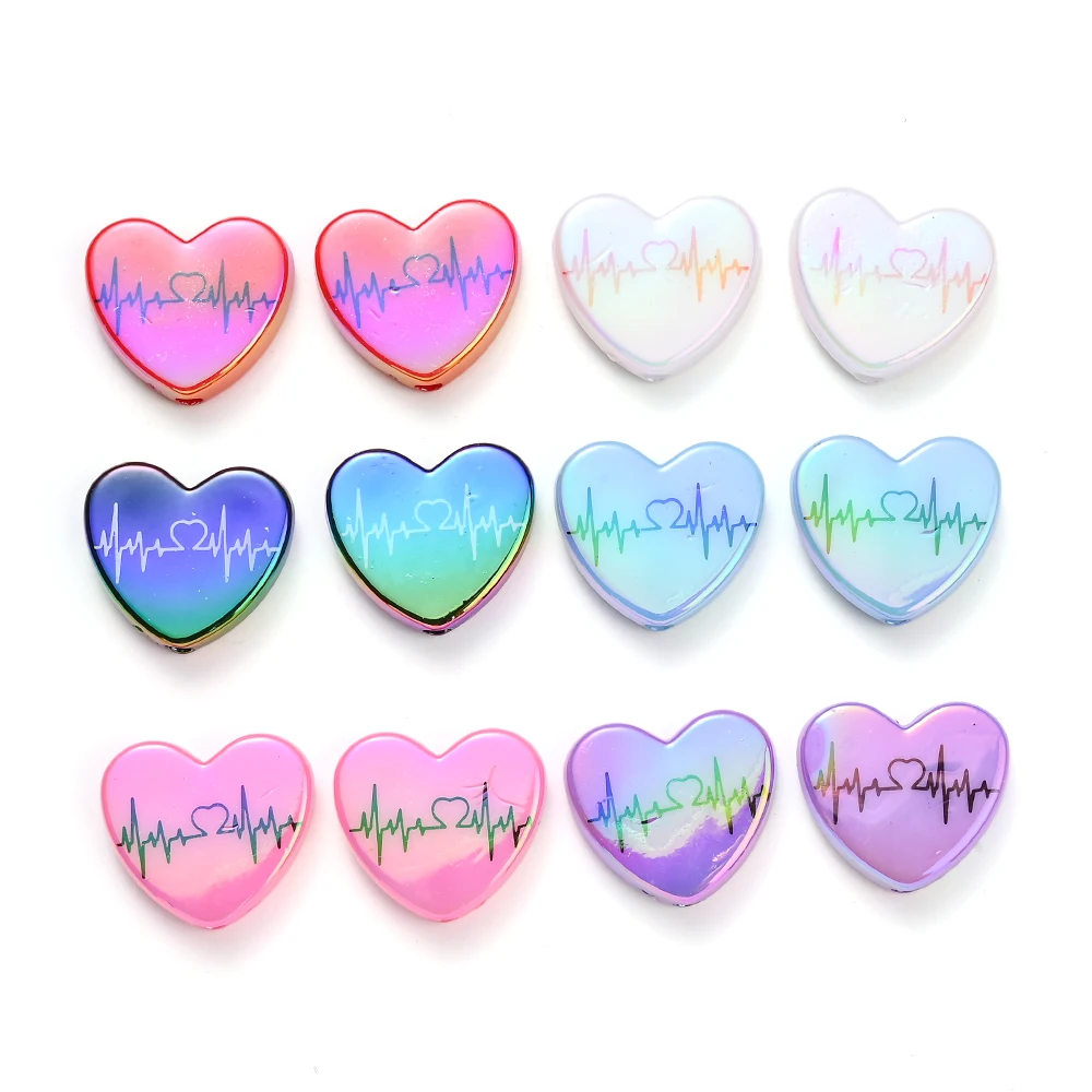 10Pcs 18x21mm Colorful Heart Acrylic Beads Heartbeat Pattern Acrylic Beads For DIY Necklace Bracelet Earrings Jewelry Making