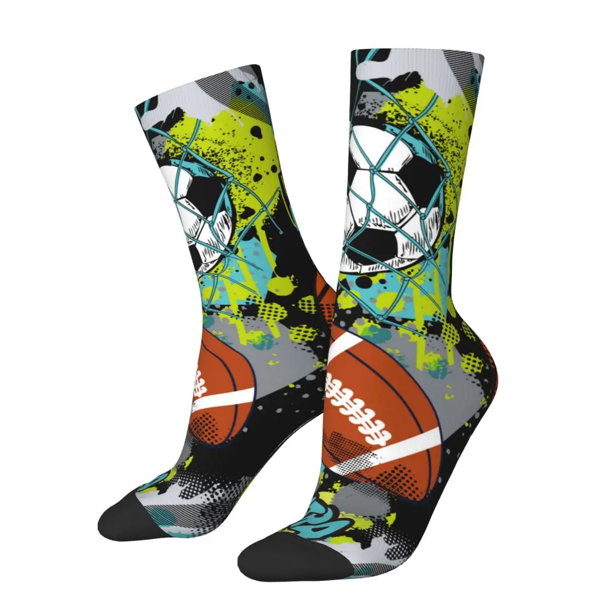 

Funny Crazy Sock for Men Sport Pattern With Balls Hip Hop Harajuku Seamless Pattern Printed Boys Crew Sock Novelty Gift
