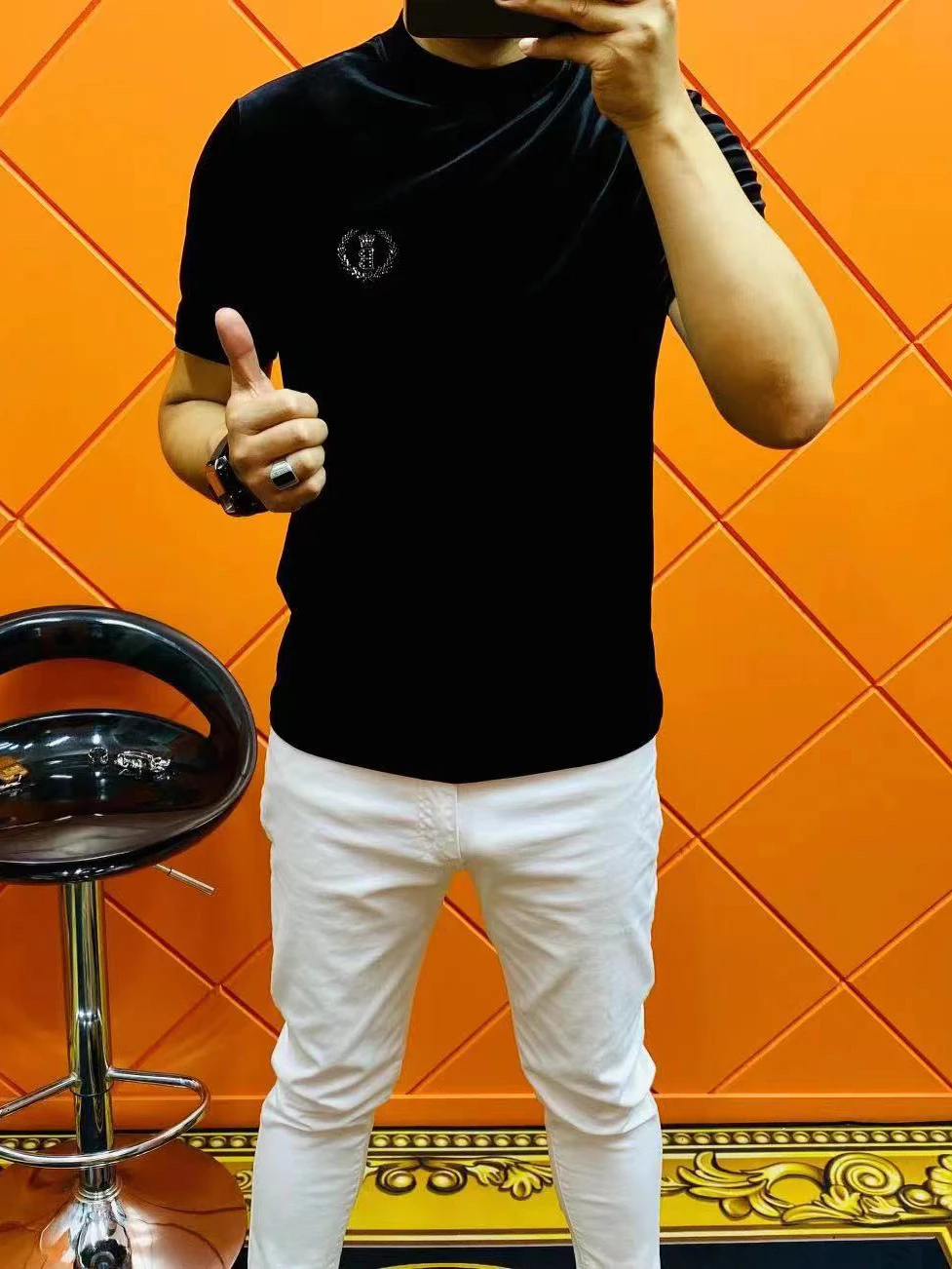 

Faionable Men's ort Sve Slim Fit Velvet T-irt with Rhinestones f High Collar Base Layer Trendy Top for Spring