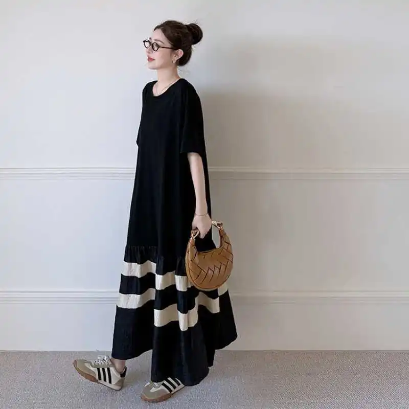 Plus Size Summer 2026 Loose Large Size Design Sense Patchwork Color Block Short Sleeve Dress Hidden Pattern Skirt Casual Comf...