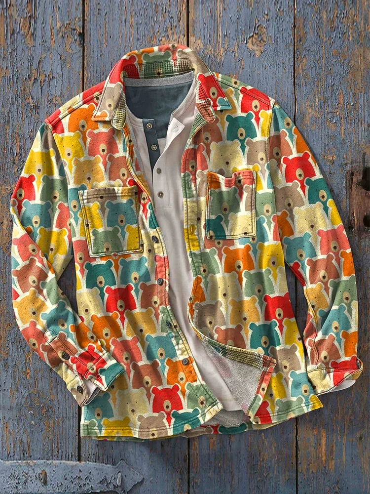 Men's Retro Vintage Music Art 3D Printed Casual Long Sleeve Shirt Casual Button Shirt