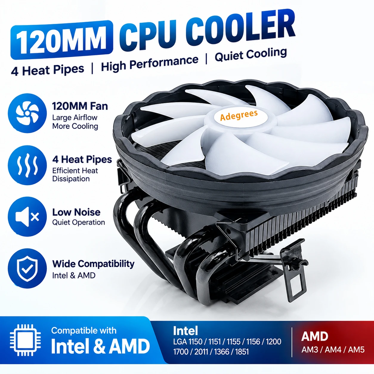 Refroidisseur d'air pour CPU X99, 4 caloducs, 4 broches PWM, 120 mm, refroidisseur AM4 pour Intel LGA 1366 1150 1151 1155 1156 1200 1700 2011 X79 AM3 AM5