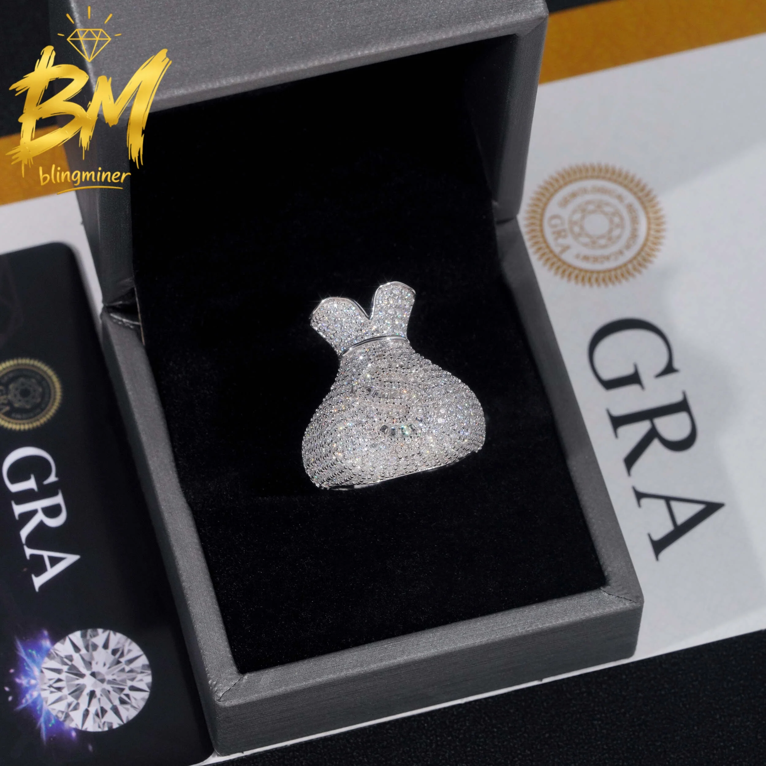 Blingminer Menoy Bag VVS Moissanite Rings For Men Women S925 Silver Finger Jewelry Pass Diamonds Tester GRA Free Shipping