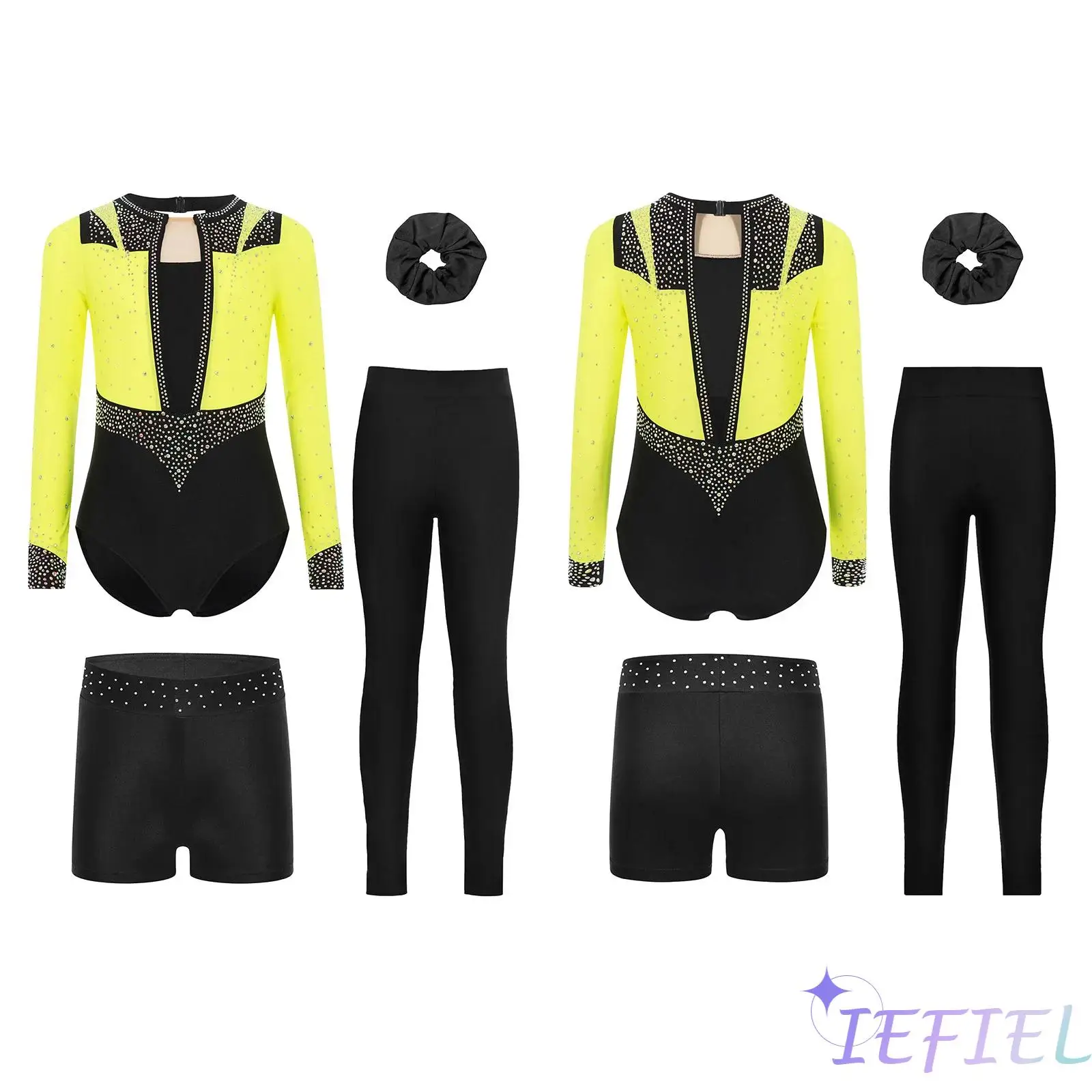 

4Pcs Kids Girl Figure Skating Ballet Dance Costumes Long Sleeve Keyhole Back Sparkly Gymnastics Leotard+Shorts+Leggings+Hairband