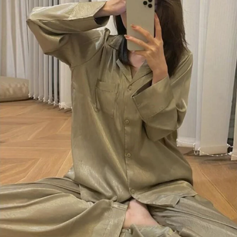 

Жаккардовый пижамный комплект из ледяного шелка с узором «елочка», женский свободный тонкий комплект домашней одежды с длинными рукавами, сексуальные пижамные штаны, комплекты костюма