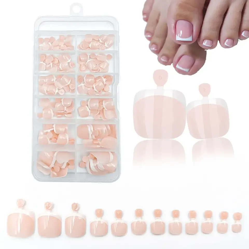 120Pcs Glossy Nude Pink French Press-On-Toenail Set 1*Box Short French Square Fake Toe Nails Solid-Color Manicure Toenails Tips