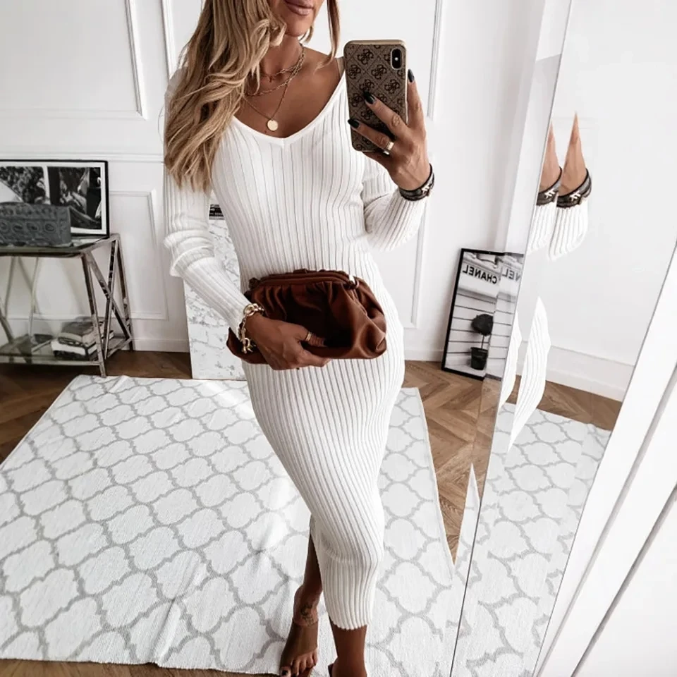 

New Autumn Winter Pit Dress Women's V-neck Sexy Slim Long-sleeved Robes Soiree Femmes Roupas Femininas Abendkleid Damen Hochzeit