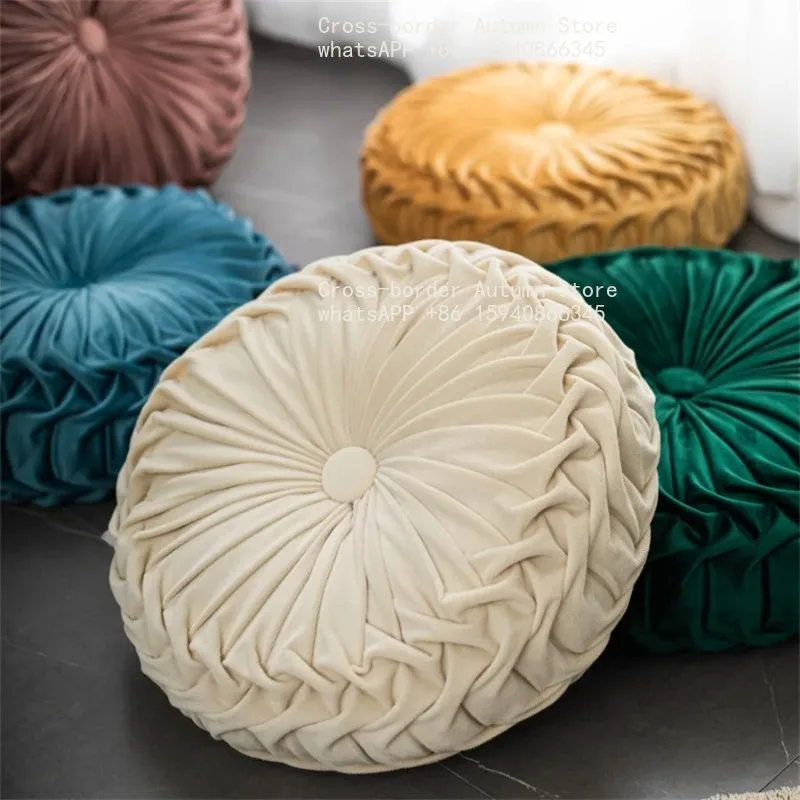 Round Throw Pillow Velvet Pleated Round Pillow Cushion for Couch Chair Bed Colorful Floor Cushion Home Decoration view 2