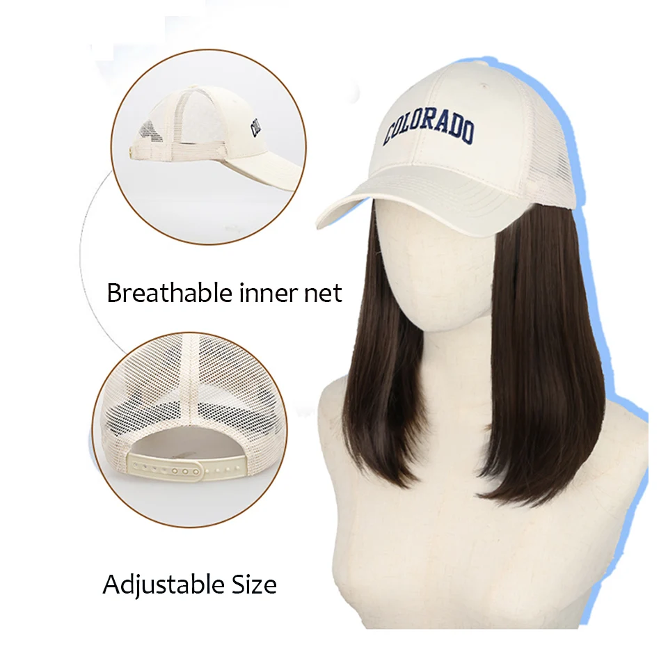 Gorra de béisbol blanca con peluca sintética para mujer, cabello largo y liso sintético, ajustable, verano, una pieza