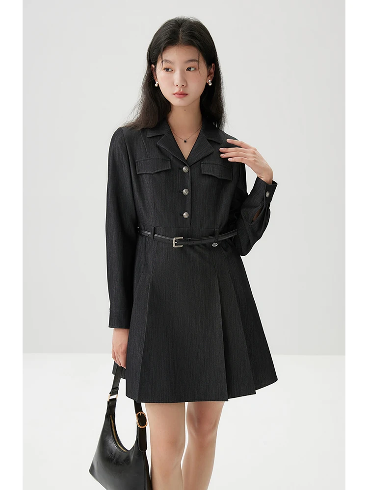 ZIQIAO Women Imitation Denim Black Long Sleeve Suit Dress Belt Decoration Female Spring New Pleated Mini Dress 24ZQ91198