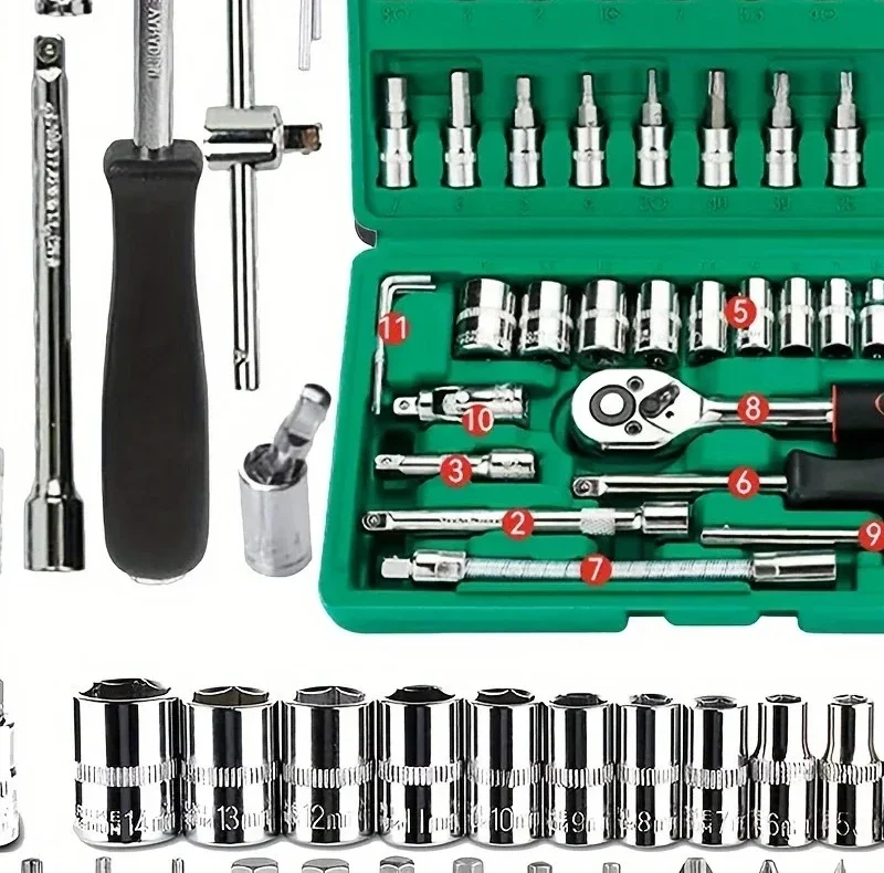 46Pcs Auto Repair Tool Box Combination Ratchet Wrench Set Portable Vehicle-mounted Socket Kit ForCar DailyMaintenance And Repair