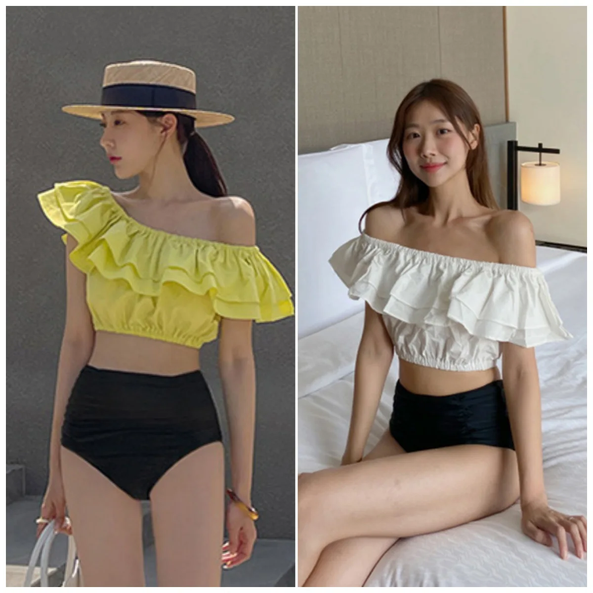 New Sexy Yellow Off Shoulder Ruffle Bikinis High Waist Swimsuit Women Swimwear Beach Bathing Suits Korean Bikini Set Pool 2024