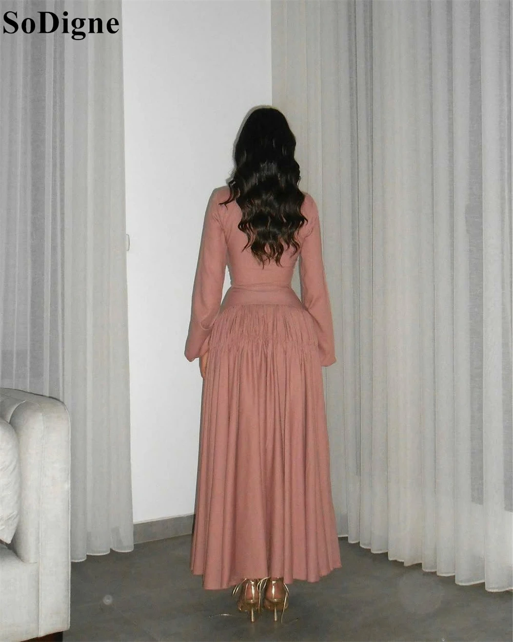 SoDigne Elegant Pink Evening Dresses A-Line Scoop Long Sleeves Ankle Length Pleated Party Dress Saudi Arabia Prom Gown Customize