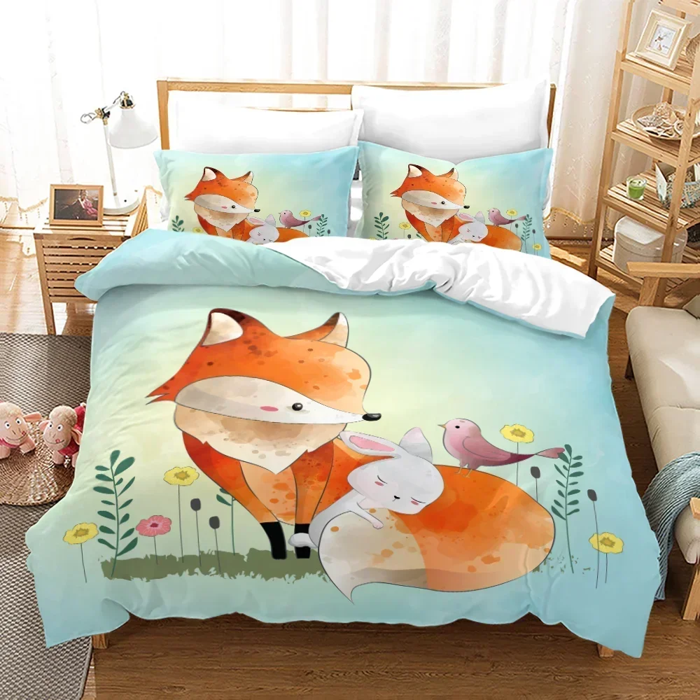 Fox Pattern Duvet Cover Set Queen Bedding Sets for Boy Girl Animal Theme Fox Gifts Polyester Comforter Cover King Twin Full Size