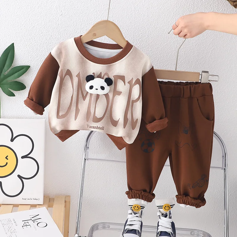 Two Piece Set for Boys' Spring Fashion Casual Color Blocking 3D Panda Head Round Neck Long Sleeved Hoodie Pants Kid's Clothing