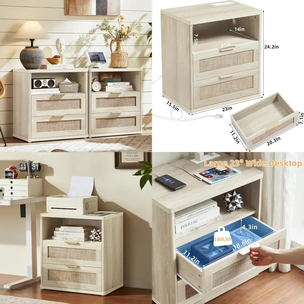 leyaoyao rattan nightstands set of 2 with charger station, boho night stand dresser for bedroom with 2 drawers, grey white bedsi