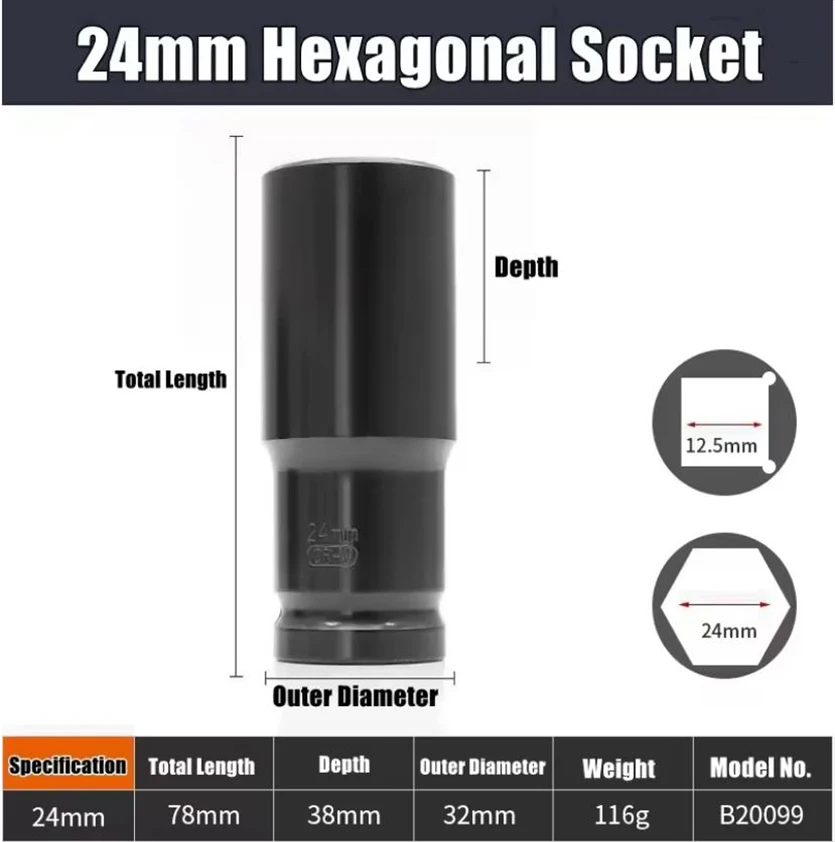 1/2 "Drive Diepe Impact Socket Drive Metrische Moersleuteldop Diepe Impact Socket Pneumatische Moersleutel Hoofd Band Removal Tools