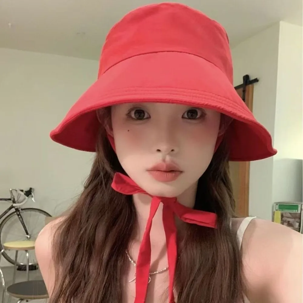 Breathable Lace-up Sunshade Hat UV Protection Polyester Wide Brim Fisherman Hat Makes Face Look Smaller Thin Bucket Cap