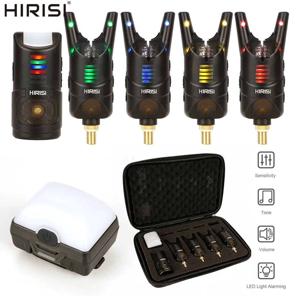 Hirisi S1A-4D Karpfenangel-Alarmset Campinglampe Einstellbare Lautstärke Tonempfindlichkeit LED Nachtangel-Bissanzeiger