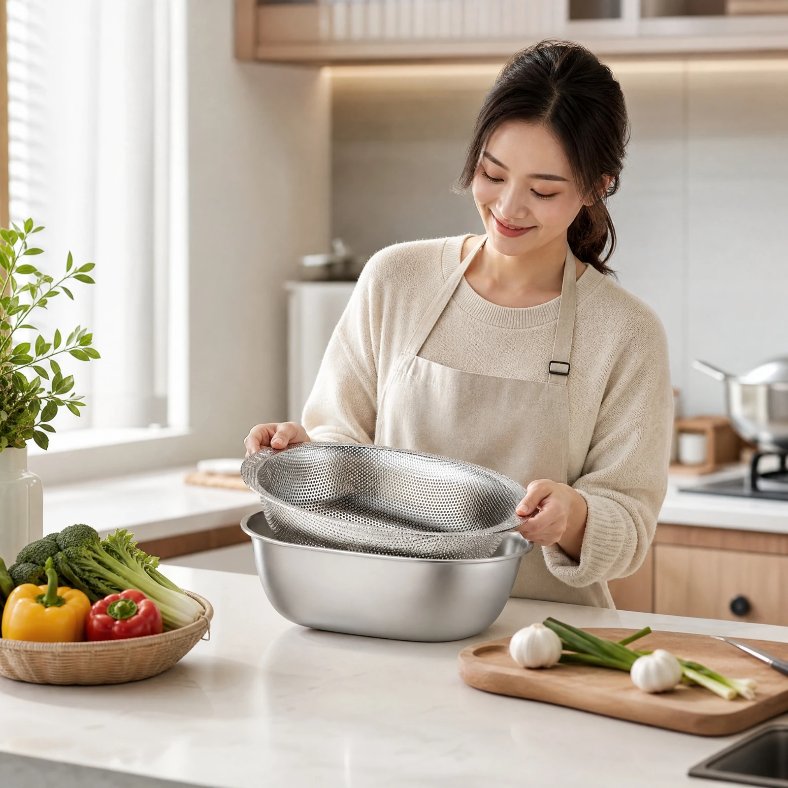 Food Prep Bowl Set Rust-Resistant Perforated Stainless Steel Colander Set Kitchenware Long-Lasting for Food Draining