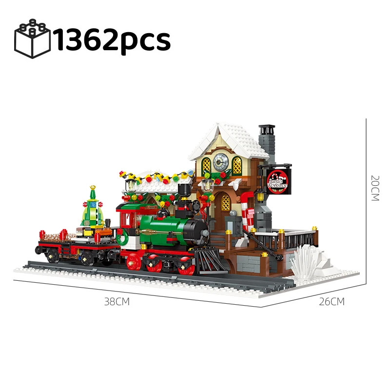 Christmas Train Platform With Light Street View Building Blocks Bricks Winter House Railway Station Model Assembly Toy Kid Gifts