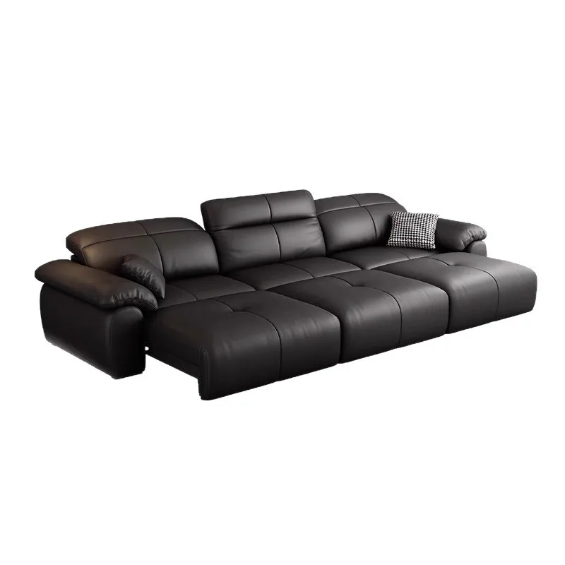 #Black Genuine Leather Electric Sofa Bed Multifunctional Adjustable Straight Design For Italian Style Small Apartment Home