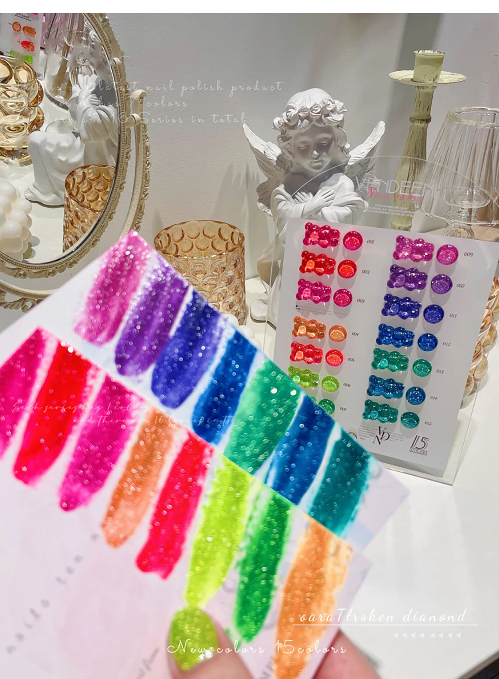 Vendeeni 15 Farben/Set Glitzer-Broken-Diamond-Gel-Nagellack, semi-permanenter UV-LED-Soak-Off-Gel-Lack mit Display – Detail 6
