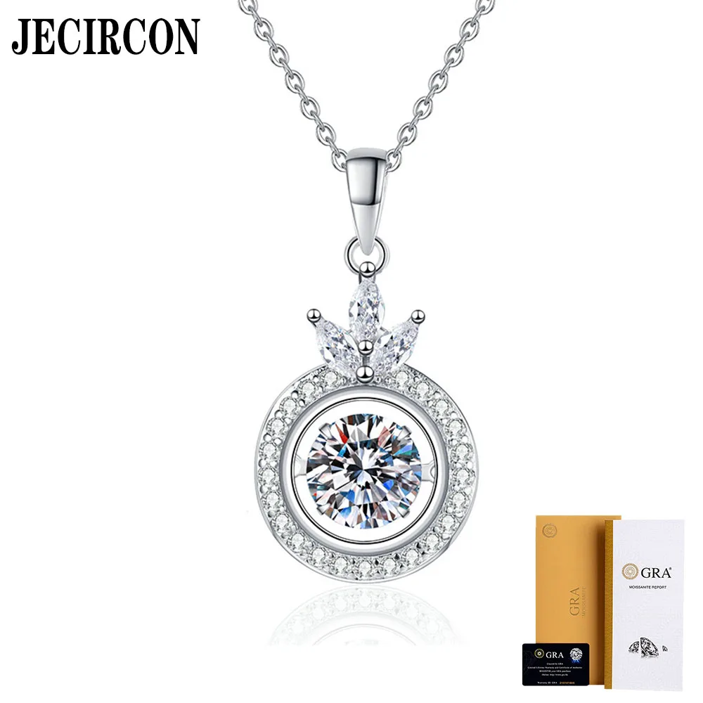 JECIRCON S925 Sterling Silver Moissanite Necklace for Women Sparkling Crown Smart Pendant 1ct Moissanite Fashion Clavicle Chain