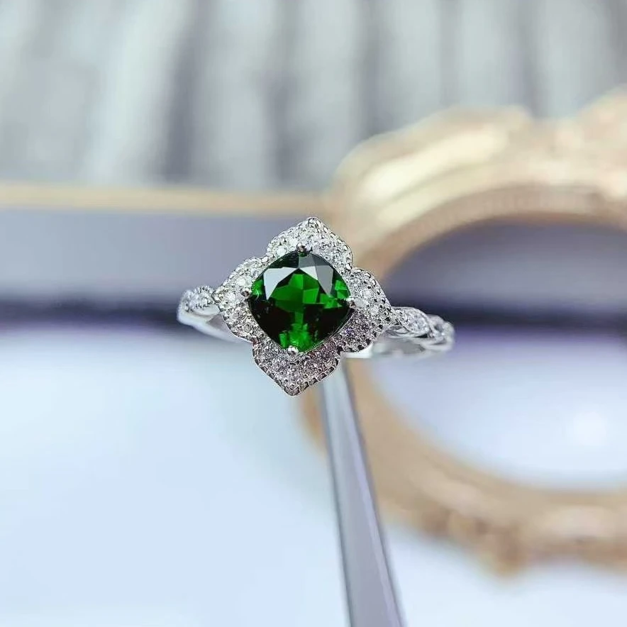 

Natural Chrome Diopside Ring 925 Silver Gemstone Jewelry 6mm 0.8ct Genuine Diopside Silver Ring with 18K Gold Plating