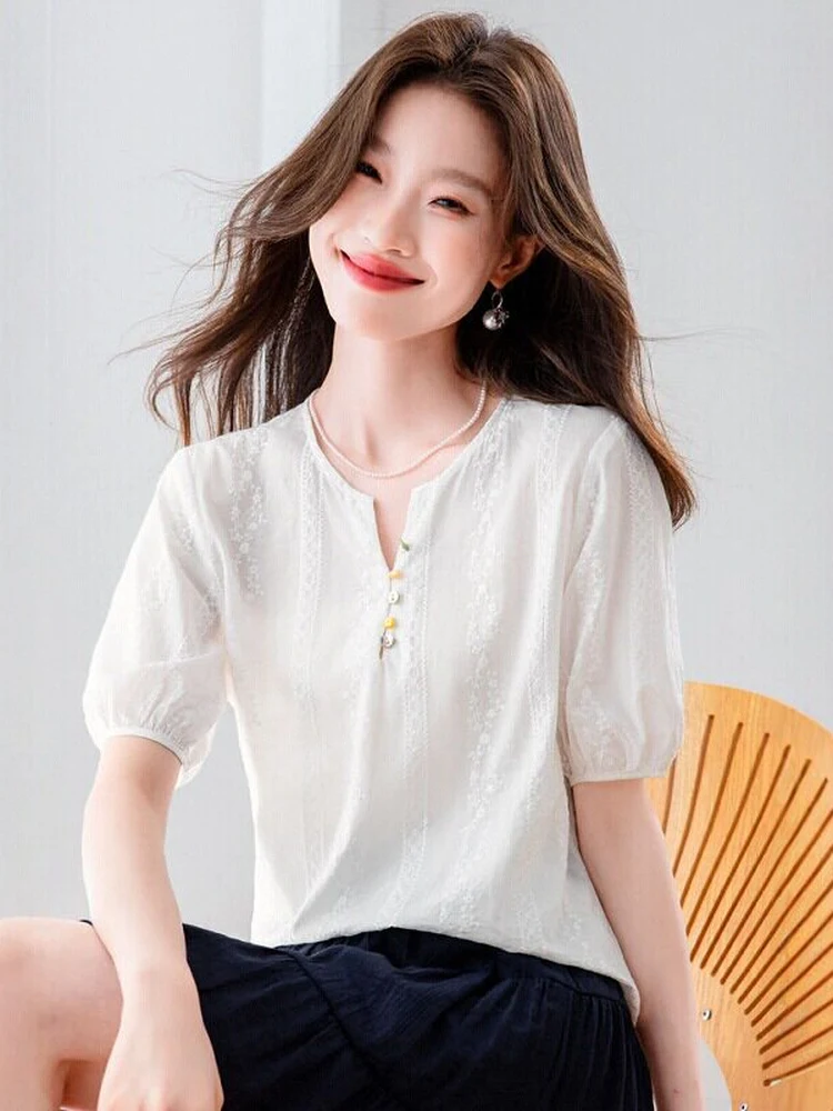 

Korean Style Gentle V-Neck Bubble Sleeve Shirt Women Summer Embroidered Loose Slimming Versatile Elegant Commuting Top