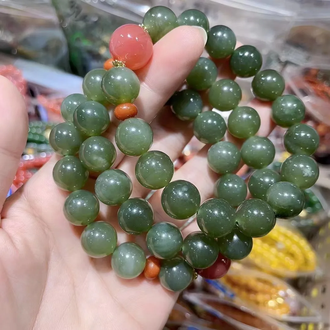 

Natural 100% real green hetian jade Carving 12mm round beads bracelets for couples woman men Gift with jade bracelet